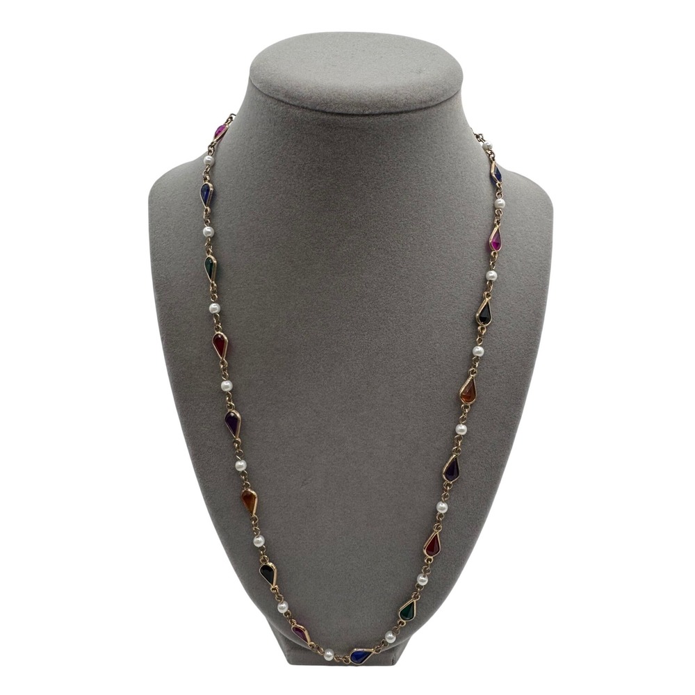 Multicolor Teardrop Station Necklace Gold Tone Faux Pearl Magnetic Clasp 24 Inch